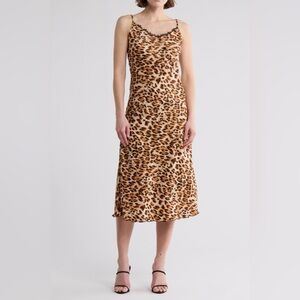 bebe Leopard Print Lace Trim Satin Midi Dress